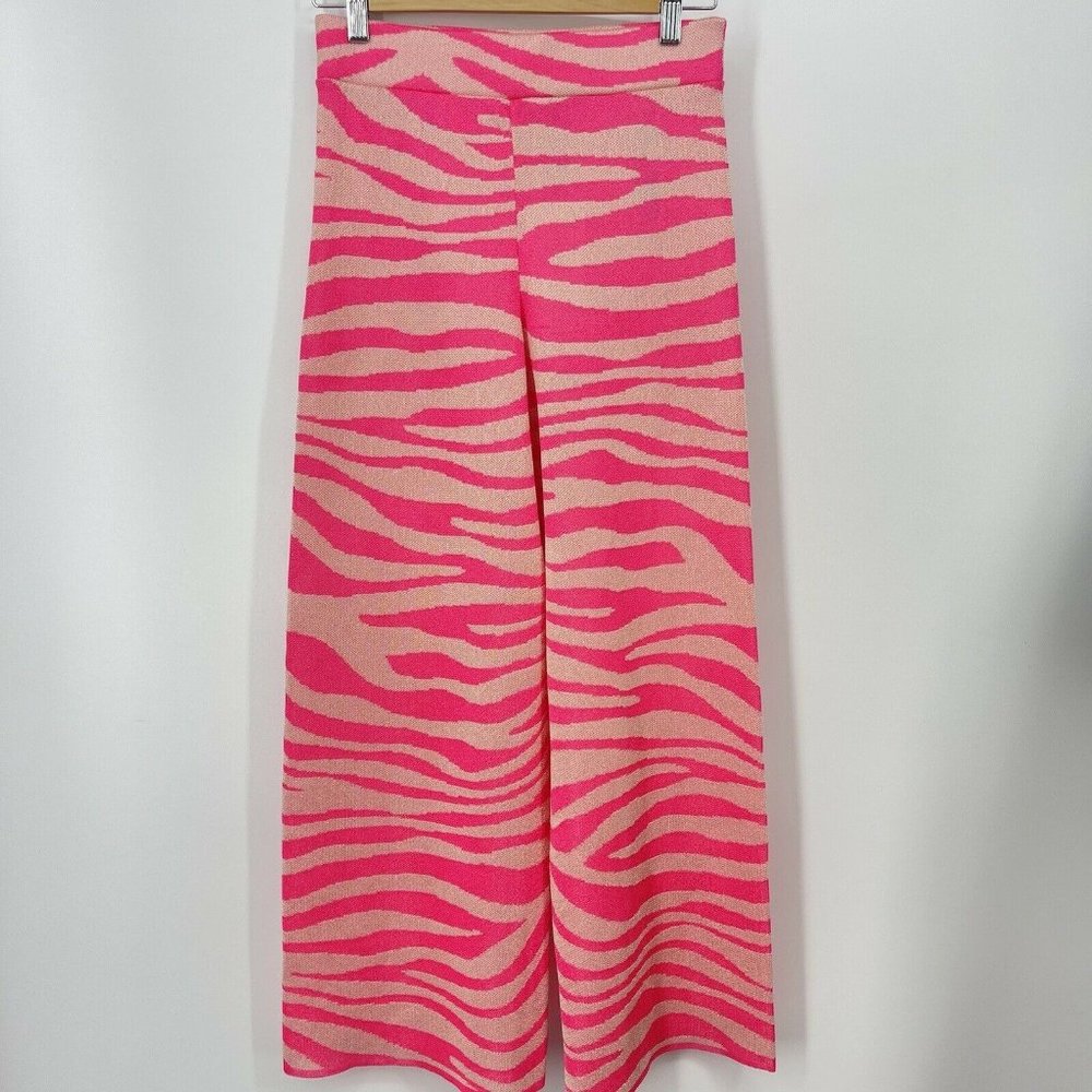 Zara Pants Womens Small Wide Leg Tiger Jacquard Neon Pink High Waist Pant New